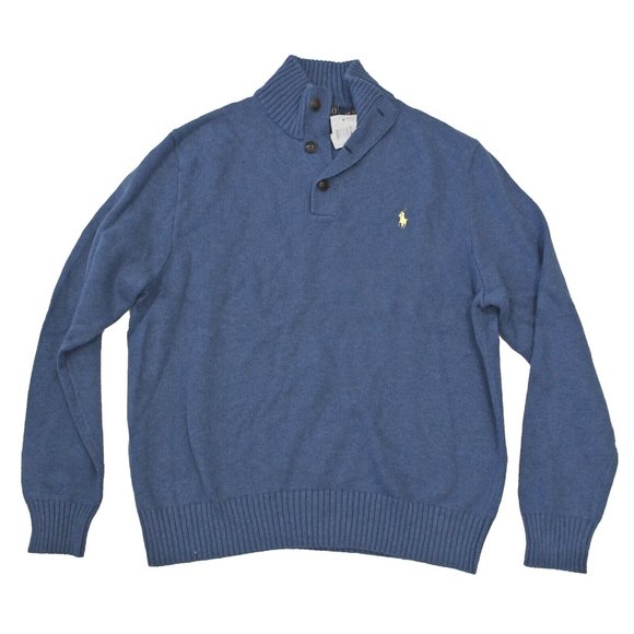 NEW Polo Ralph Lauren Mens Button Mockneck Sweater!Denim BlueYellow Player